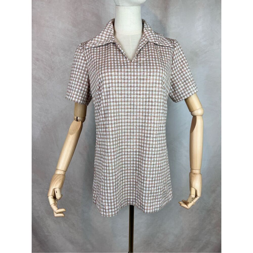 Vintage 1970s Plaid Dagger Collar Top Mod MCM Size M/L
